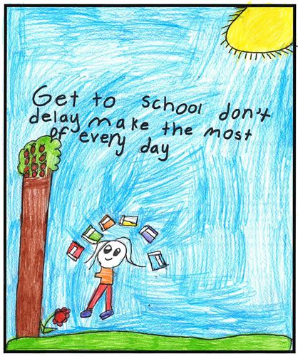 drawing of a girl juggling books under a tree.